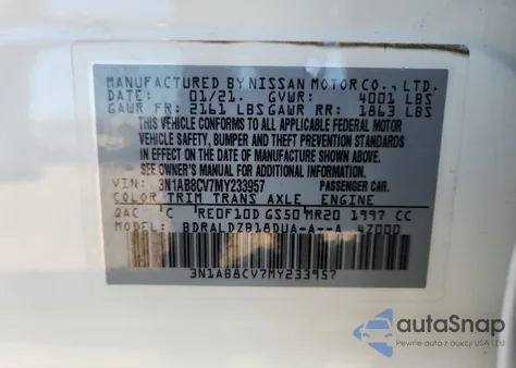 2021 Nissan Sentra Sv from USA, damaged, VIN 3N1AB8CV7MY233957